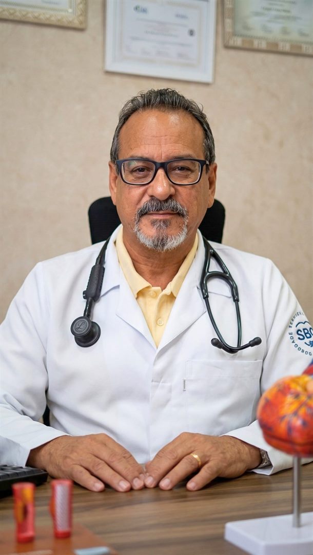 Dr. Abraão Telles Rocha, de óculos e jaleco branco, sentado à mesa do consultório com um modelo anatômico do coração ao lado