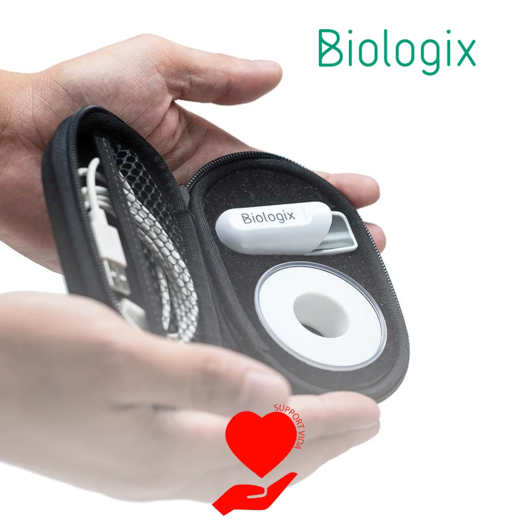 Aparelho portátil de polissonografia tipo IV da Biologix, com sensor e cabo USB dentro do estojo